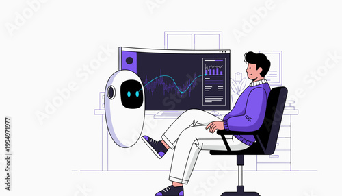 Man analyzing data with AI assistant and dashboard analytics showing business insights and performance