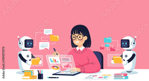 Woman working with AI assistants organizing data documents and analytics in smart workflow