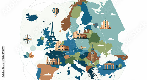 A colorful illustrated map of Europe featuring famous landmarks and travel icons, depicting tourism and exploration across the continent.