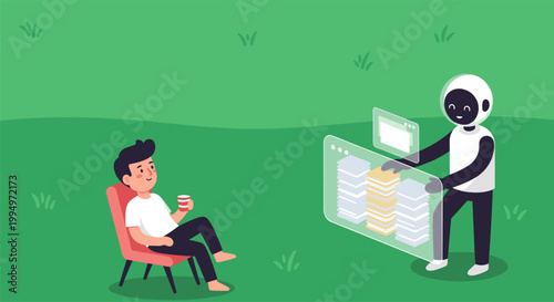 AI robot handling digital documents while user relaxes showing automated workflow and productivity