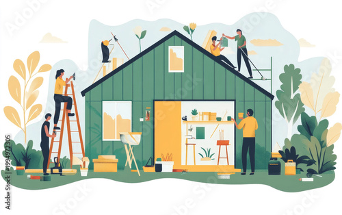 Cartoon illustration of people working together to renovate a green house, showcasing various DIY and construction activities