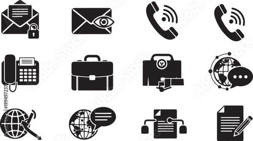Modern communication and business icons representing global connectivity and services