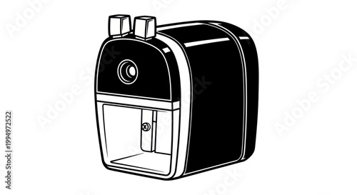 A black manual pencil sharpener is isolated on a white background.