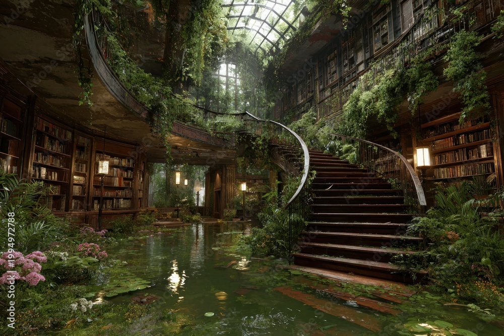 Fototapeta premium Abandoned library with overgrown vines and flooded interior