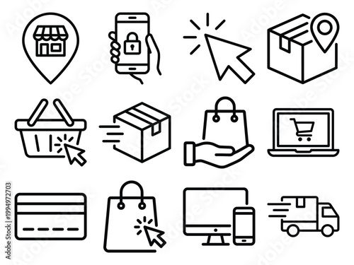 Tableau sur toile Online shopping icons set with store mobile phone package cart credit card lapto