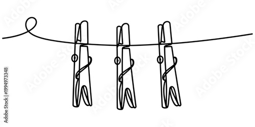 Three wooden clothes pegs hanging on a laundry line in a continuous single line drawing style Vector, illustration