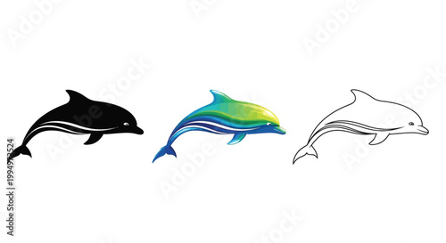Three dolphins in different colors and styles swimming in a line