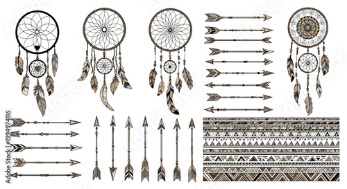Dreamcatcher, feather, arrow, tribal, bohemian vector icons, 25 elements, boho chic graphics