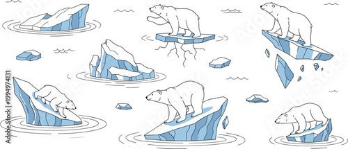 Polar bear on melting ice set illustrating climate change and arctic habitat loss in minimal line style