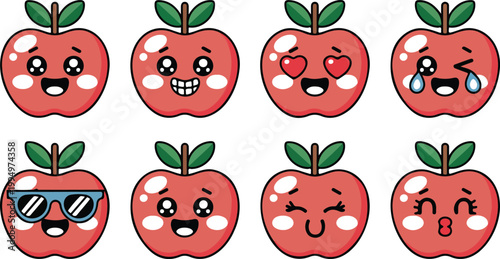 Cute Apple Character Emotion Set Kawaii Fruit Mascot 3x3 Grid Line Art Vector Collection