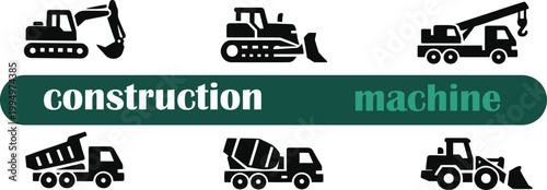 Construction Machinery Vector Icon Set - Excavator, Bulldozer, Crane, and Trucks Flat Icons
