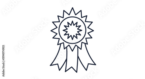 Award ribbon medal outline drawing for prize winners, achievement recognition, and competition victory symbols on plain background.