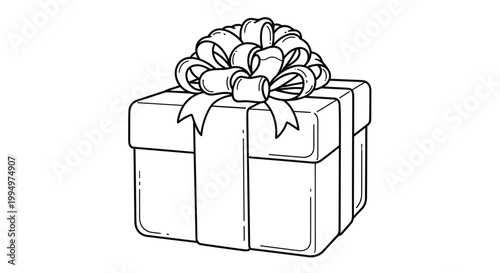 Gift box with large decorative ribbon bow outline drawing for birthday celebration, Christmas holiday, or surprise present concepts.