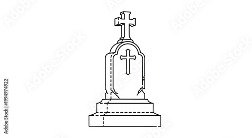 Traditional gravestone with cross and cracked details line art for graveyard cemetery scenes, memorial, or Halloween spooky designs.
