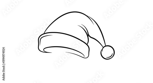 Christmas Santa hat outline drawing for holiday season celebrations, winter accessories, and festive costume design on white backdrop.