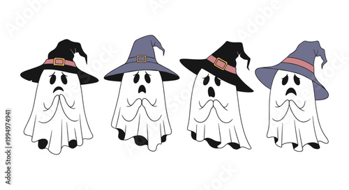 Group of cute cartoon ghosts wearing witch hats in black and purple for fun Halloween party decorations or spooky festive concepts.