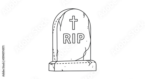 Old tombstone with rip inscription and cross line art for cemetery memorial, bereavement, or spooky Halloween graveyard illustrations.