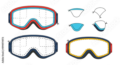 Ski goggles schematic showing various frames and lens components for winter sports equipment design and technical illustration concepts.