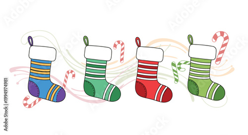 Four colorful striped Christmas stockings with candy cane decorations for holiday mantle displays and festive winter season traditions.