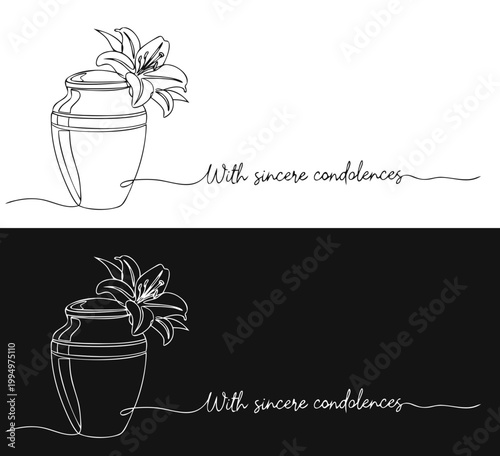 Sympathy card with ash urn, one lily flower and heartfelt message "SENDING YOU LOVE AND SUPPORT", contrasting removable background, continuous line drawing style, copy space for personalized text