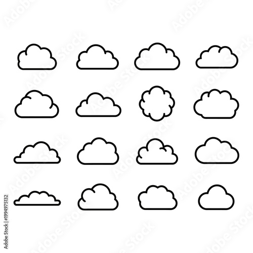 Photos An illustration depicts various cloud shapes drawn in black lines on a white background