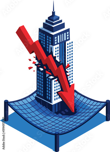 Isometric Skyscraper Market Crash Arrow Caught by Safety Net Flat Vector Illustration