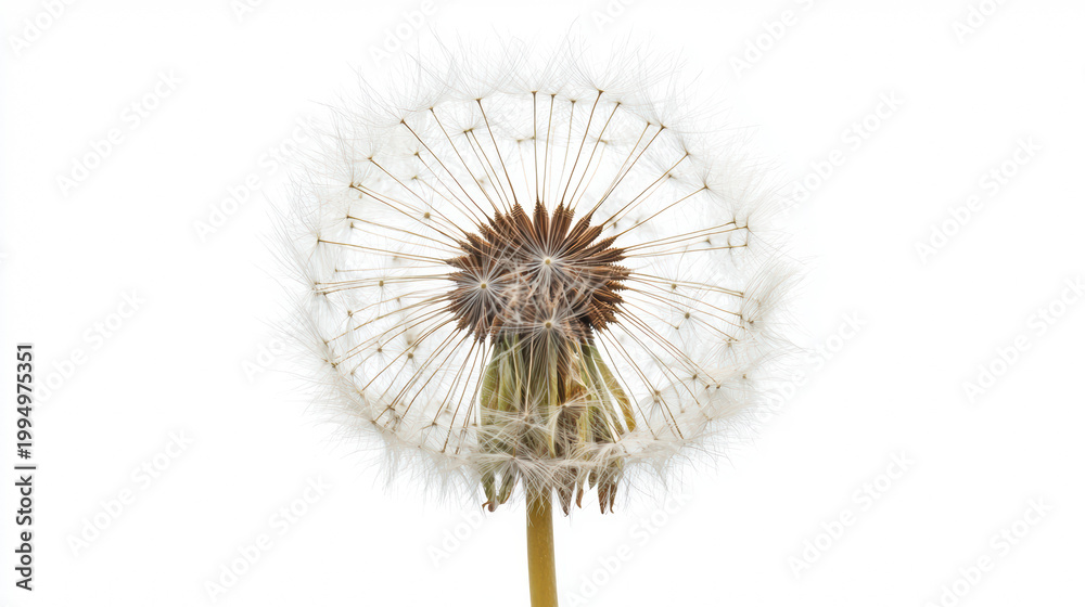 Fototapeta premium A single delicate dandelion seed head, captured in pristine detail against a clean white background, showcases nature's intricate beauty and fragility in full bloom.