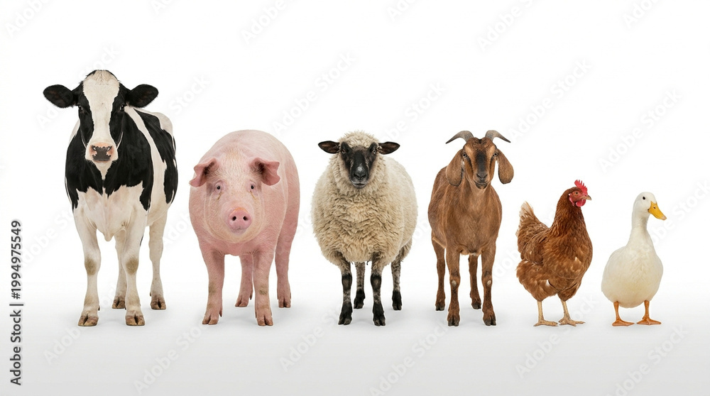 Fototapeta premium Farm animal group lineup isolated on white background, cow pig sheep goat chicken duck together