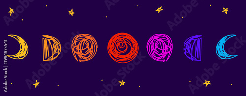 A vibrant collection of hand-drawn moon phases and stars, each rendered in a different bright color against a deep dark background. This energetic and inclusive design is great