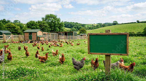 Organic chicken farm green sign free range chicken pasture rural field fresh air clean environment farm landscape chicken coop wooden fence grassland countryside poultry hen rooster farm building