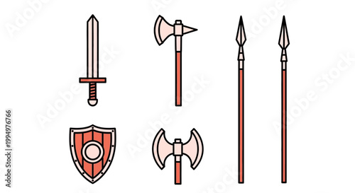 Collection of medieval armaments including a sword axe shield and spears isolated on a white background for historical and fantasy themes