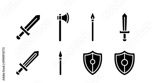 Collection of Ancient Weapon Icons Featuring Swords Axes Spears and Shields For Historical Designs and Game Assets