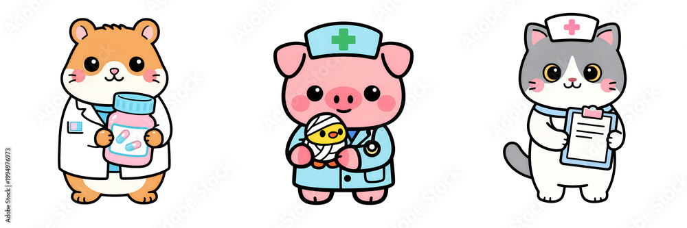 Obraz premium Medical care cute cartoon nurse doctor pig cat hamster health worker illustration set featuring animal nurse doctor holding bottle stethoscope