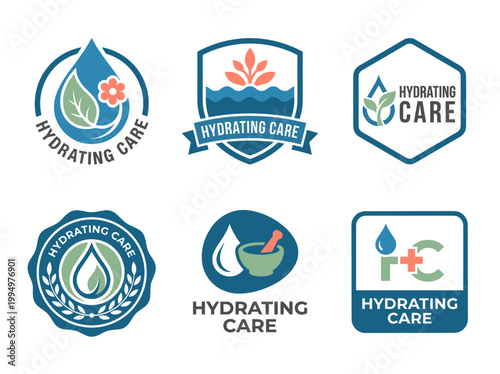 Hydrating Care Cosmetics Emblem Set: 6 Minimalist Flat Vector Branding Icons on White Background