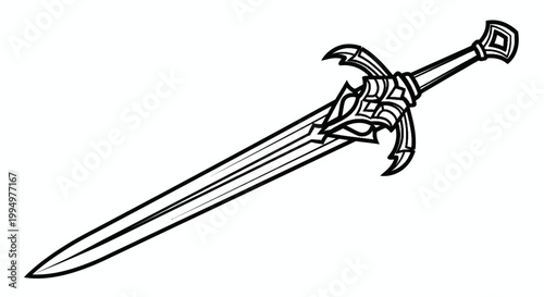 Medieval fantasy sword weapon design with ornate hilt and sharp blade isolated on white background for game asset or illustration