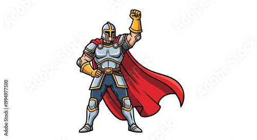 Strong warrior hero character wearing armor and cape with raised fist celebrating victory against white background