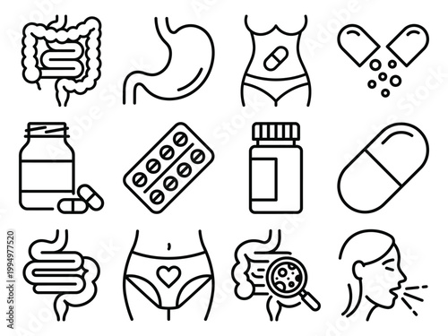 Medical icons representing digestive system stomach pills capsules and doctor consultation with line art, digestion