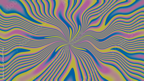 “Abstract optical illusion with wavy pink yellow blue green lines radiating outward creating dynamic swirling motion and depth”