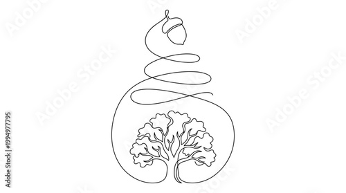 Single Continuous Line Drawing of Acorn Falling and Growing into Oak Tree Minimalist Vector