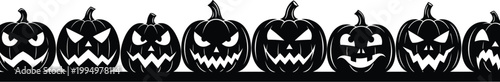 A repeating pattern of black and white carved halloween pumpkins