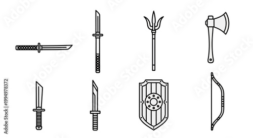 Collection of Ancient Medieval Weapons and Tools Depicted in Simple Outline Style for Graphic Design Projects