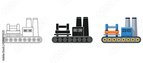 Set of factory production line icons, conveyor belt with industrial equipment and chimneys, vector illustration