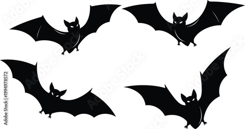 Four black silhouettes of bats in flight against a white background