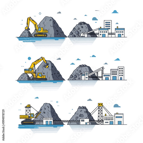 Mining Industry Stages - Extraction, Processing, and Refinement Illustrations.