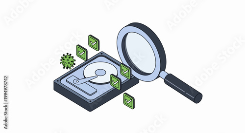Isometric Cybersecurity Illustration of a Hard Drive Being Scanned for Viruses and Malware with a Magnifying Glass