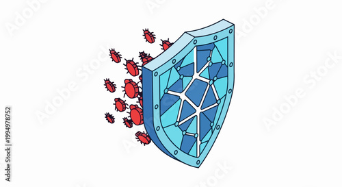 Isometric Cybersecurity Shield Illustration: Digital Data Protection and Antivirus Firewall Defending Against Malware Bugs and Cyber Threats