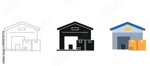 Set of warehouse icons in three different styles line art, solid black silhouette, and flat color design logistics and storage symbols