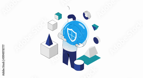 Isometric Cybersecurity Illustration of Man with Digital Shield Sphere for Data Protection and Privacy