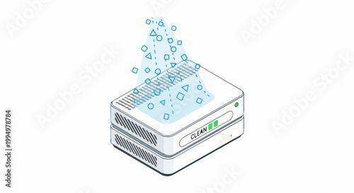 Isometric Data Cleaning Machine and Air Purifier Device Illustration with Geometric Particles and Clean Status Indicator