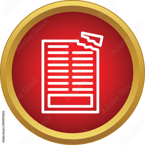 Broken document vector graphic on a red and gold button representing invalid data